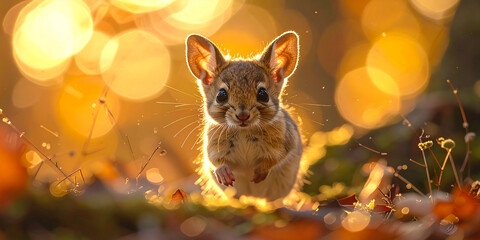 An adorable tiny field mouse dashes through sun-kissed foliage, illuminated by a magical golden bokeh glow at sunrise, showcasing its playful energy