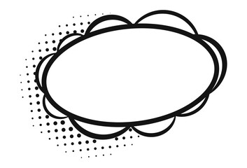 Black and white comic-style speech bubble with cloud design and halftone dot pattern.