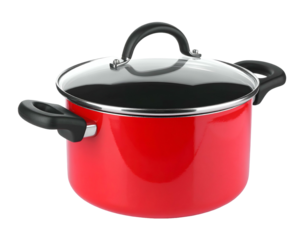 Shiny red cooking pot with glass lid, two handles