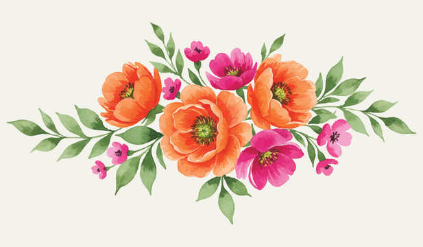 Vibrant watercolor floral bouquet illustration featuring bright orange and fuchsia blossoms with lush green leaves. An elegant hand-painted botanical arrangement, perfect for spring designs and nature