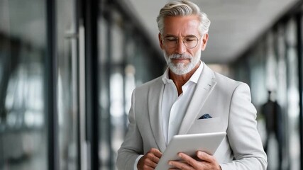 Focused Executive: A distinguished senior professional, clad in a tailored suit, engrossed in the data on a tablet, epitomizing focus and modern leadership. - Powered by Adobe