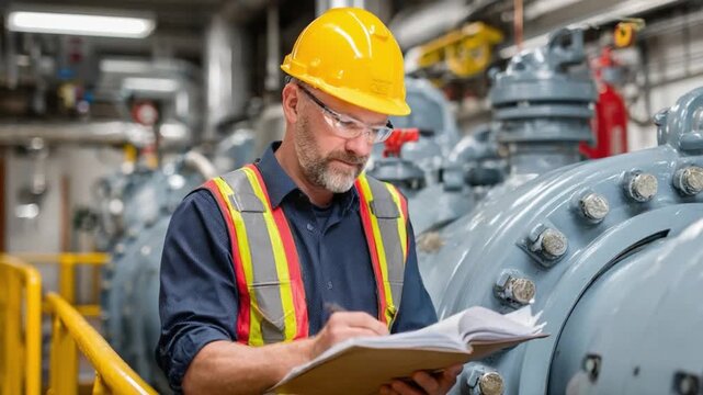Industrial Professional Assessment: A focused industrial professional, adorned in essential safety gear, meticulously reviews documentation within a vast industrial setting.