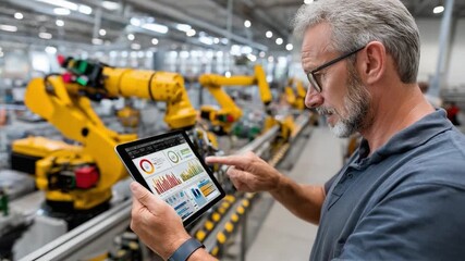 Precision in the Factory: An experienced technician, engrossed in analyzing intricate data displayed on a tablet, oversees a series of robotic arms within a bustling modern factory. 