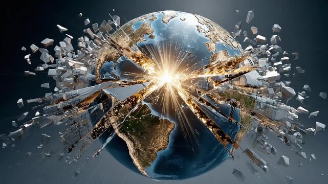 World Fragmentation: A symbolic representation of global disruption or transformation, with the earth shattering apart, revealing a core of intense energy.