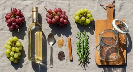 A flat lay of green and red grapes, a bottle of olive oil, a spoon, spices, a cinnamon stick, rosemary, and a glass jar on a linen surface.