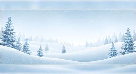 A serene winter landscape featuring snow-covered hills, evergreen trees, and a clear, bright sky.