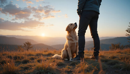 A loyal Golden Retriever dog sitting patiently beside its owner on a mountain summit during a scenic, misty sunset or sunrise, highlighting themes of companionship and adventure, perfect for travel 