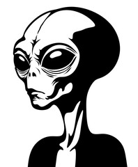 Black and white illustration of a humanoid alien with large eyes. Portrait of an alien. Concept of extraterrestrial life and UFOs. Martian with a large head.