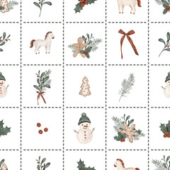 Christmas seamless pattern with horses, pine branches, for tree, bow. Repeat ornament with illustration holly and red berries and sweet cookie gingerbread and snowman on checkered background