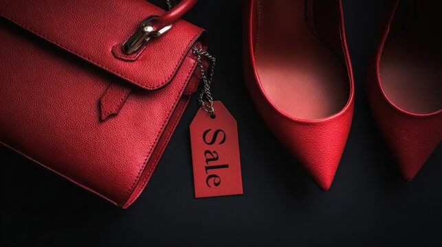 Red handbag and high heel shoes with sale tag on black background for fashion accessories