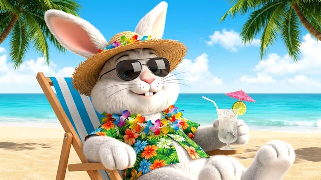 A cartoon rabbit wearing sunglasses and a hat relaxes on a beach chair, enjoying a tropical drink