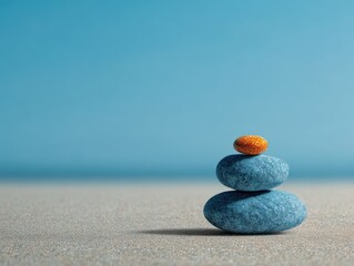 Small Cairn of Blue and Orange Stones on Golden Sand Expansive Blue Sky Horizon Minimalist Zen Balance Composition