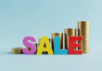 Colorful letters spell sale alongside growing stacks of gold coins representing profit