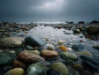 Low Angle View Pebble Beach Ocean Waves Overcast Sky Dark Moody Atmosphere Coastal Landscape Nature Scenery