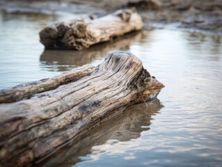 Natural Scenery Driftwood Logs Floating on Water Surface Serene Outdoor Environment Rustic Organic Texture Wood in Stream Peaceful Setting Still Water Reflections
