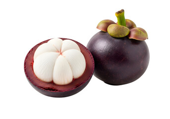 A whole and half of a fresh, ripe mangosteen fruit, revealing its white, segmented flesh inside with a dark purple peel and green stem