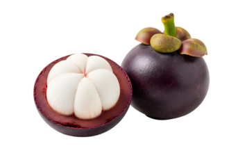 A whole and half of a fresh, ripe mangosteen fruit, revealing its white, segmented flesh inside with a dark purple peel and green stem