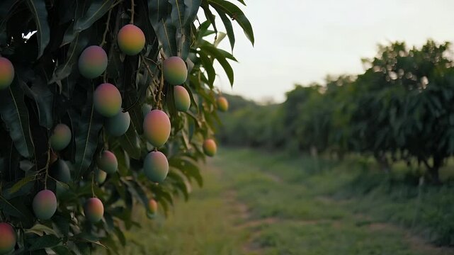 This vibrant close-up shot features numerous mango fruits hanging from a lush green tree branch, showcasing their beautiful natural color progression from green to yellow and subtle reddish tones as t