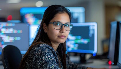 Naklejka premium Tech professional coding at a modern office space engaging environment focused perspective on software development