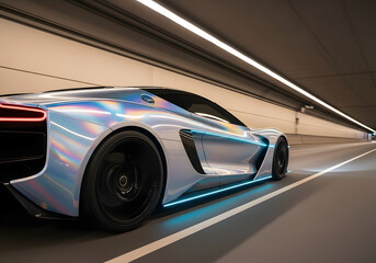 Blue sports car with iridescent paint in tunnel