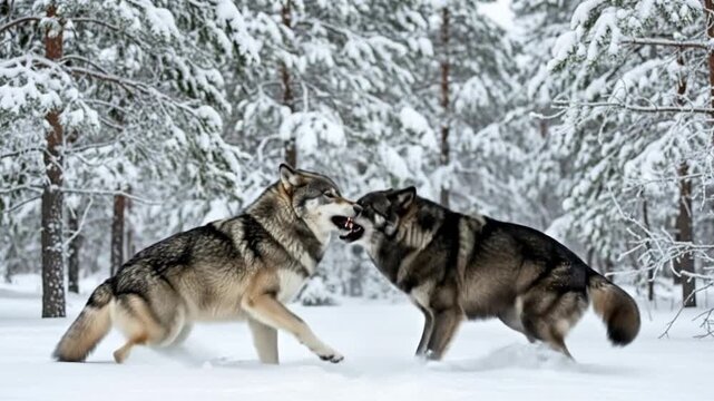 Wolves Playfully Fighting in Snowy Winter Forest - Dynamic Wildlife Action