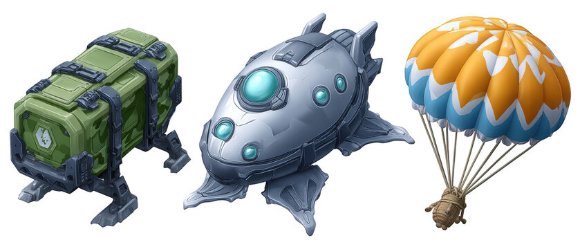 Futuristic delivery system featuring a green crate, sleek spacecraft, and colorful parachute in a vibrant setting