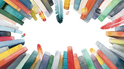 Books and feathers composition with copy space in artistic watercolor style