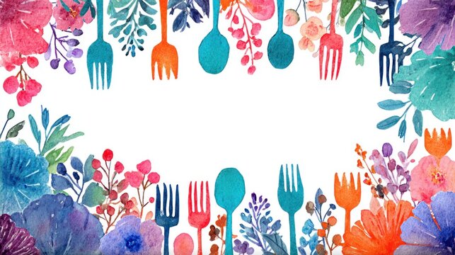 Floral culinary illustration with colorful cutlery and watercolor elements