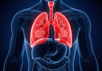 Anatomical illustration of the human respiratory system and lungs with surrounding organs
