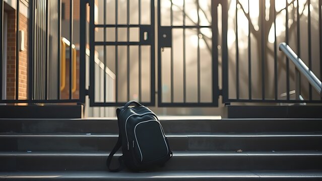 mediocrity. Abandoned backpack on empty school steps as gate closes in melancholic morning light. wellbeing guides, coaching materials, designed for mental health education and mindfulness programs.