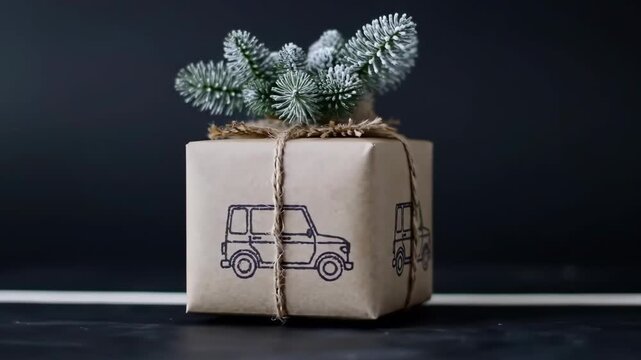 Festive Gift Box with Car Illustration and Pine Sprigs.