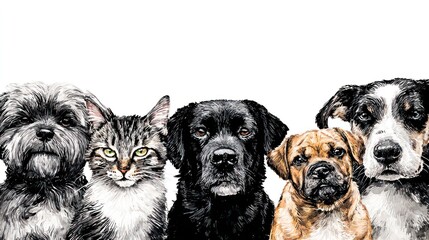 Group of dogs and cat portrait of pets in a row with copy space