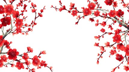 Vibrant watercolor illustration of red blossoming branches on white background