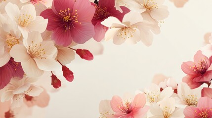 Close up of delicate blossoms in shades of pink and white against a neutral background