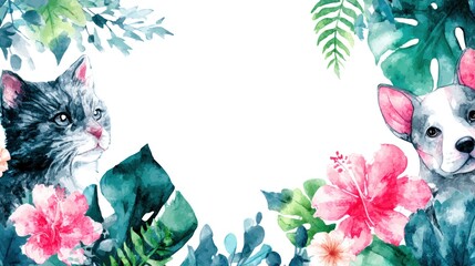 Watercolor illustration of a kitten and puppy surrounded by tropical foliage