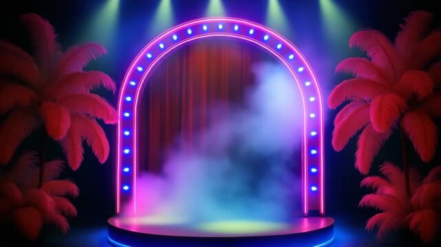 neon burlesque stage with pink arch blue lights and tropical feathers in smoke concept of cabaret glamour performance and retro cinematic show atmosphere