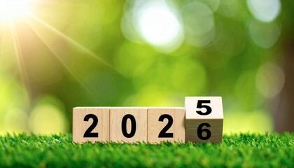 Wooden blocks with 2026 on green grass against blurry nature background. Ideal for themes related to new year, business planning, environmental goals, or future growth