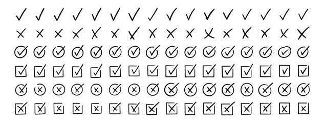 Hand drawn check and cross icons set in circle and square outline checklist marks vector illustration © Виталий Опришко