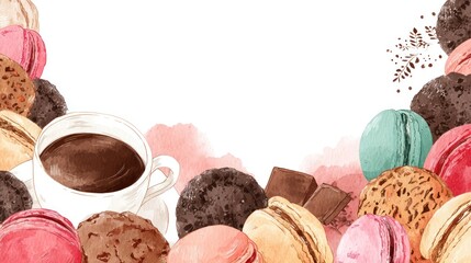 Watercolor macarons with coffee cup and chocolate pieces artistic dessert concept