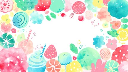 Colorful watercolor illustration of sweets and treats with copy space