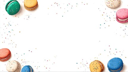 Colorful macarons arranged with copy space on white background for dessert designs