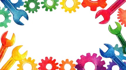 Colorful watercolor gears and wrenches frame with white copy space