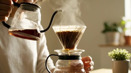 A person meticulously brews fresh pour-over coffee with a gooseneck kettle, creating aromatic steam.