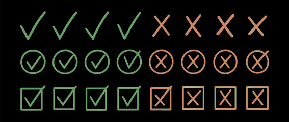 Hand drawn doodle checkmark and cross icons set checklist marks in box and circle grunge brush style vector illustration © Виталий Опришко