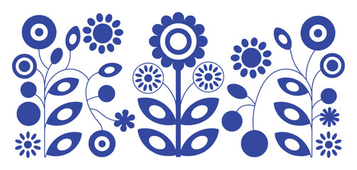 Blue and White Folk Art Floral Pattern with Stylized Flowers and Leaves