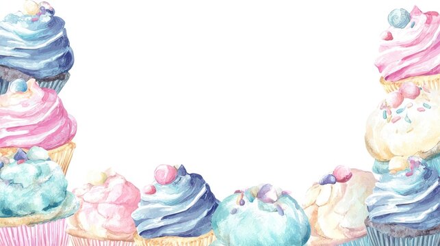 Watercolor cupcakes frame colorful sweet treats for design and background