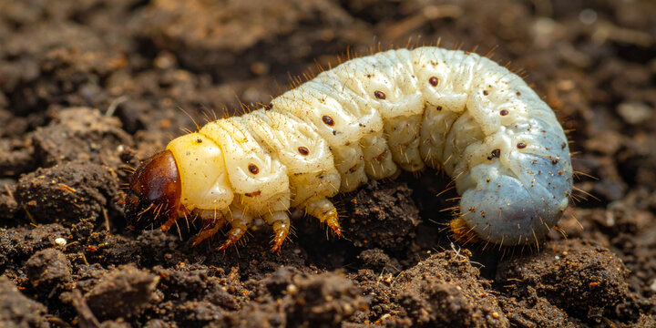 Close-up macro photograph of a large, white grub worm with tiny legs, nestled in rich, dark soil