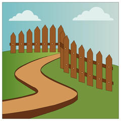Curved Path with Wooden Fence Design . Minimal Landscape Illustration Showing Countryside Scenery and Outdoor Nature Concept