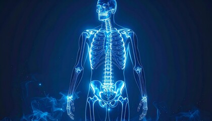 Digital human skeletal system glowing in blue with anatomical accuracy on dark background for editorial medical photography anatomy decor and poetic resilience-themed visuals