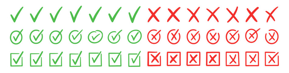 Green check and red cross icons set checklist marks in circle and square hand drawn vector illustration
